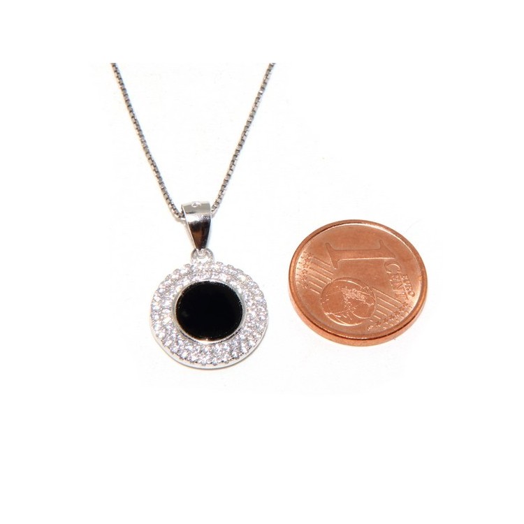 NSA|Silver 925 Necklace Collier woman round stone black onyx double frame white cubic zirconia