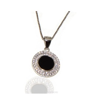 NSA|Argento 925 Collana Collier donna tondo pietra onice nero doppia cornice zirconi bianchi