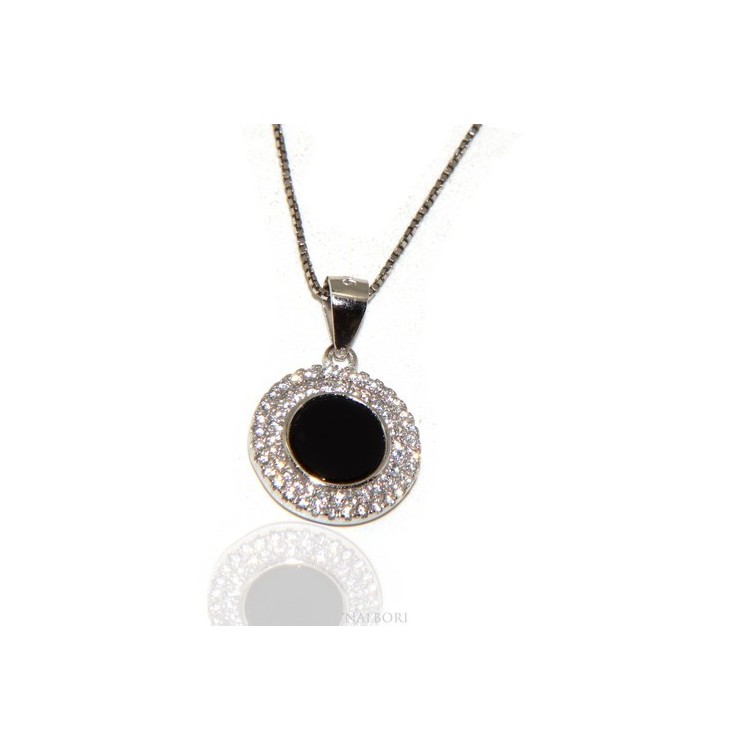 NSA|Silver 925 Necklace Collier woman round stone black onyx double frame white cubic zirconia