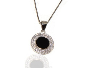 NSA|Argento 925 Collana Collier donna tondo pietra onice nero doppia cornice zirconi bianchi