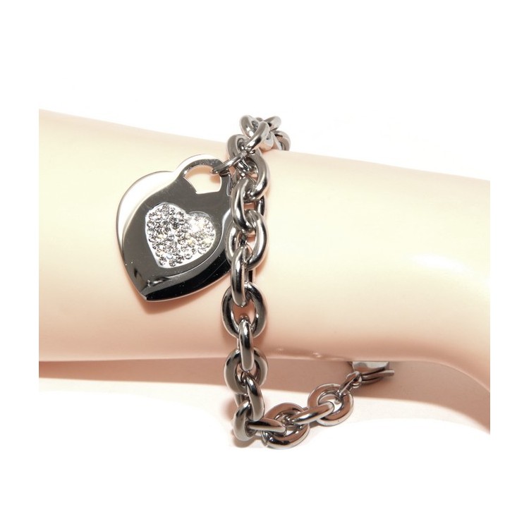 NSA|NALBORI bracciale donna acciaio anallergico catena con pendente cuore pave' zirconi