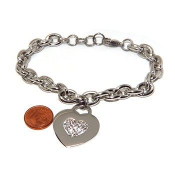 NSA|NALBORI bracciale donna acciaio anallergico catena con pendente cuore pave' zirconi