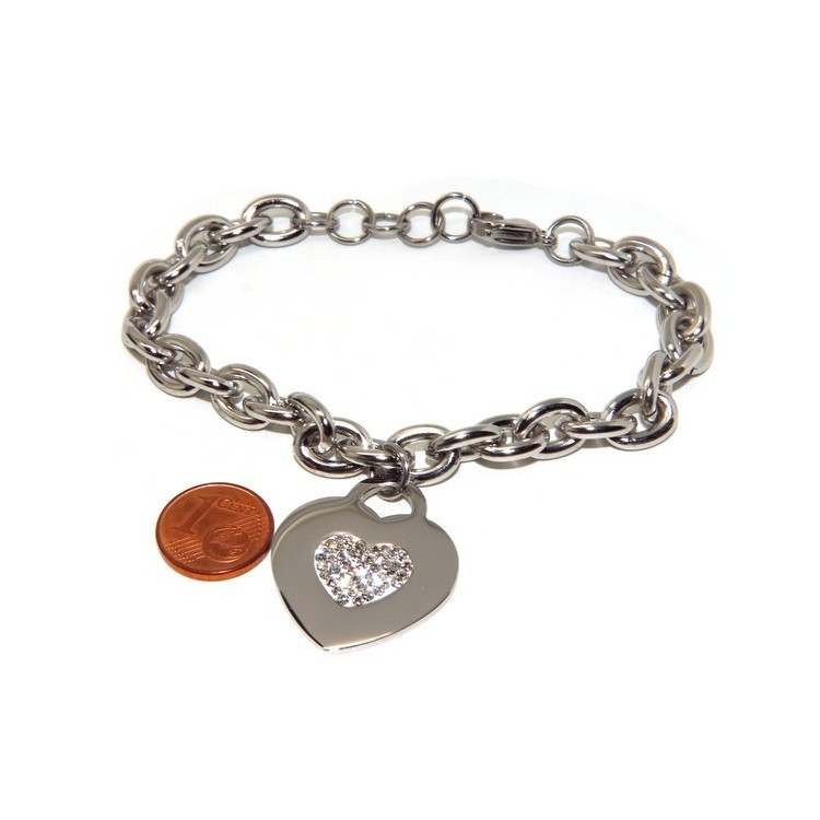 NSA|NALBORI bracciale donna acciaio anallergico catena con pendente cuore pave' zirconi