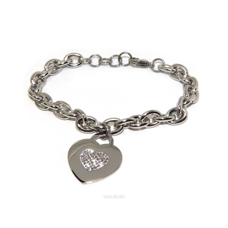 NSA|NALBORI bracciale donna acciaio anallergico catena con pendente cuore pave' zirconi