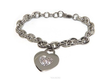 NSA|NALBORI bracciale donna acciaio anallergico catena con pendente cuore pave' zirconi