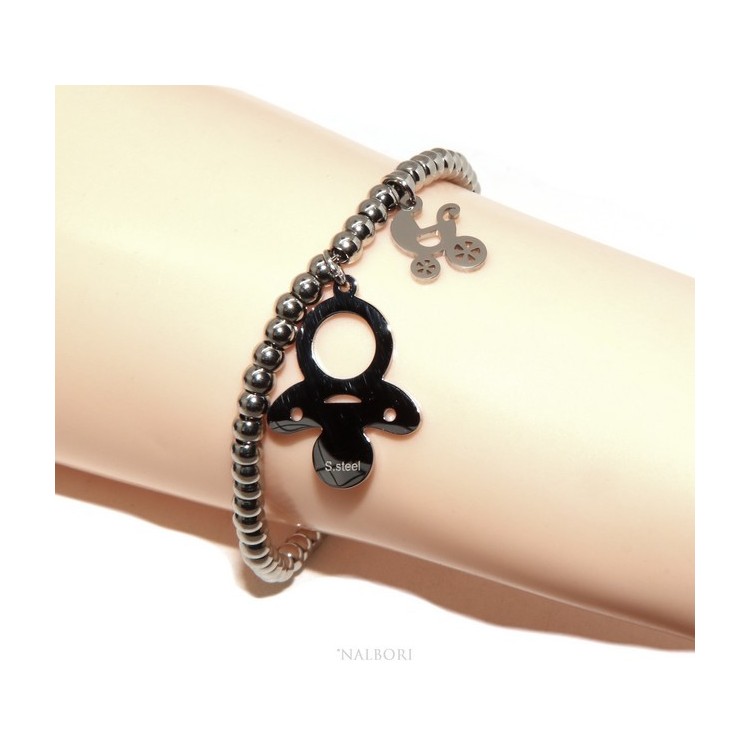 NSA|NALBORI stainless steel bracelet hypoallergenic balls with pacifier pram pendant