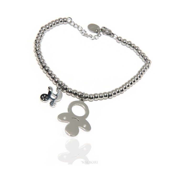 NSA|NALBORI stainless steel bracelet hypoallergenic balls with pacifier pram pendant