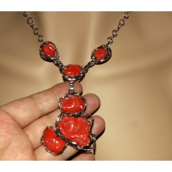 NSA|Collana collier argento 925 linea capri con grandi gemme corallo verace rosso del mediterraneo