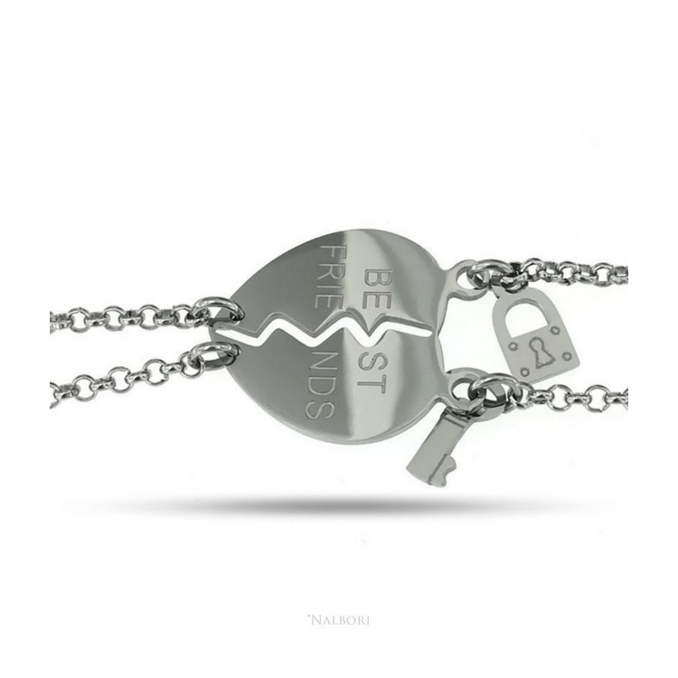 NSA|NALBORI double hypoallergenic steel bracelet he her heart "best friends" key padlock