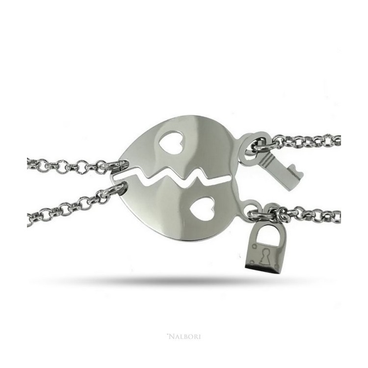 NSA|NALBORI double hypoallergenic steel bracelet he her heart pierced key padlock