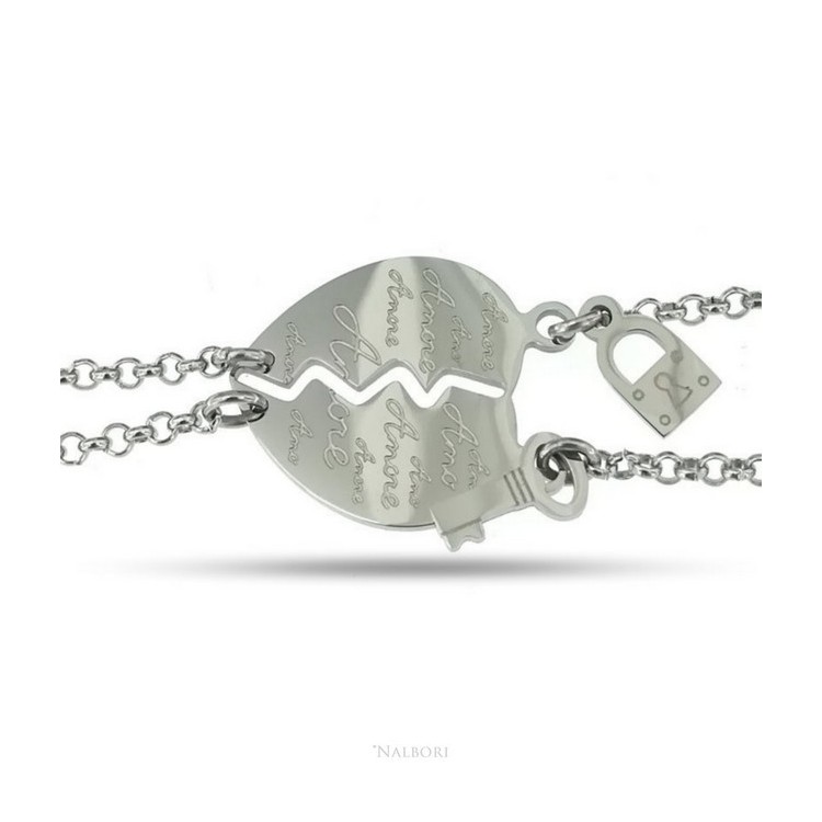 NSA|NALBORI double hypoallergenic steel bracelet he her heart written "love" key padlock