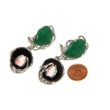 NSA|Woman earrings in 925 sterling silver with green agate, black and pink coral drop
