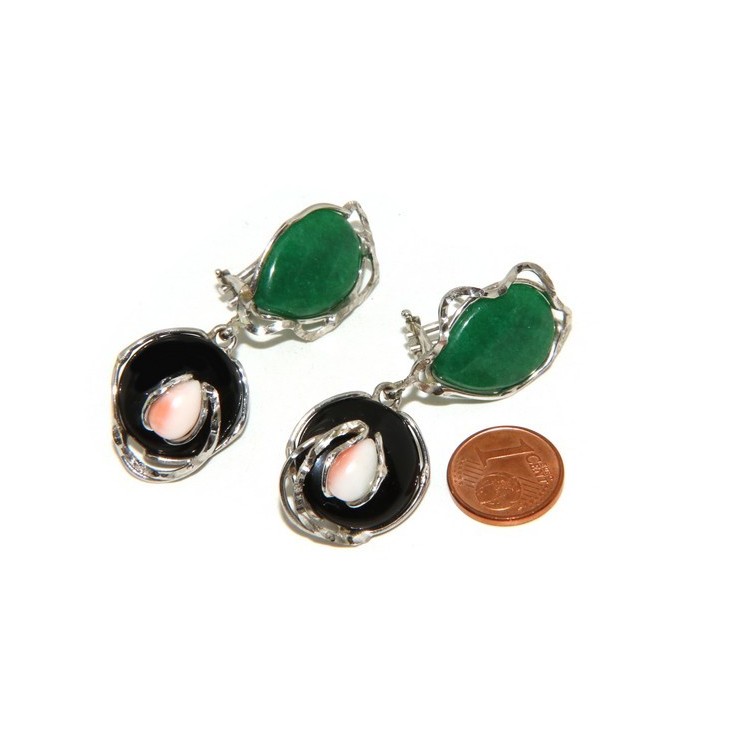 NSA|Woman earrings in 925 sterling silver with green agate, black and pink coral drop