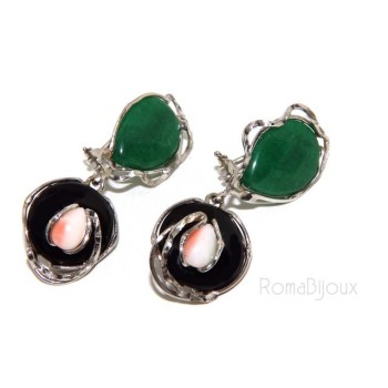 NSA|Orecchini donna in Argento 925 con agata verde, nera e goccia di corallo rosa