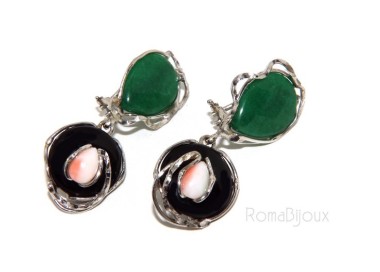 NSA|Woman earrings in 925 sterling silver with green agate, black and pink coral drop