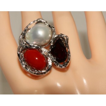 NonSoloArgenti| anello donna massiccio con corallo naturale rosso perla granato