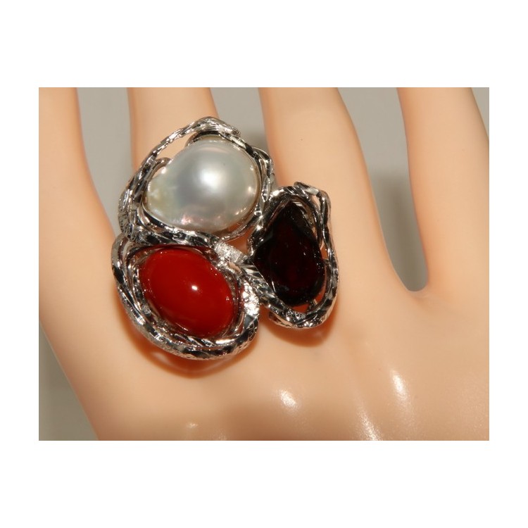 NonSoloArgenti| anello donna massiccio con corallo naturale rosso perla granato