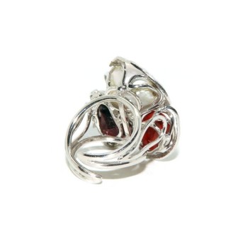 NonSoloArgenti|hand made sterling silver ring with red coral  garnet pearl