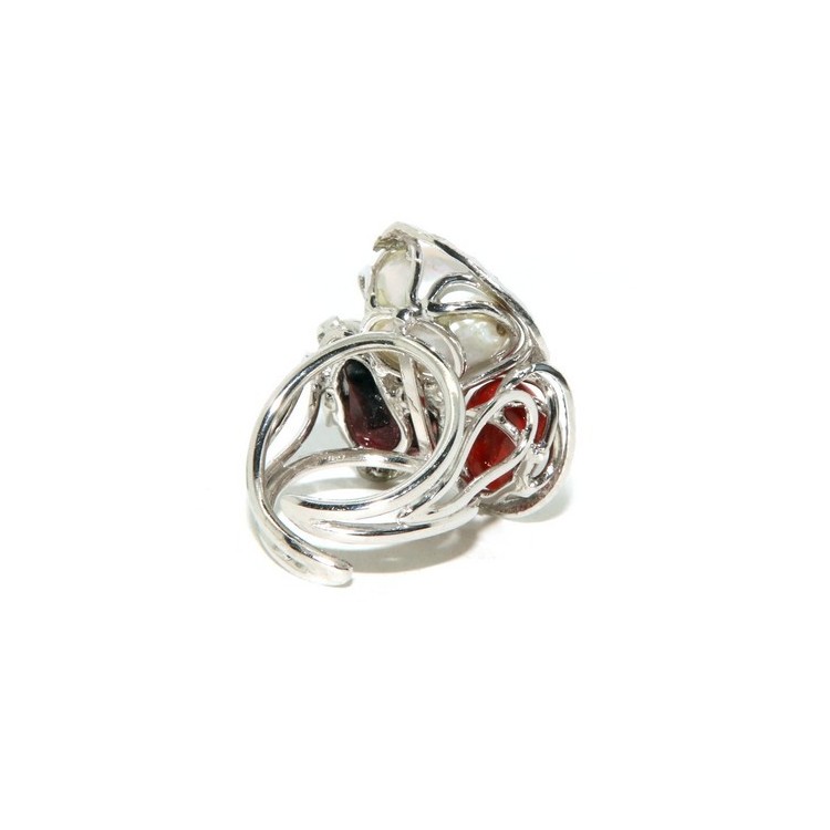 NonSoloArgenti|hand made sterling silver ring with red coral  garnet pearl