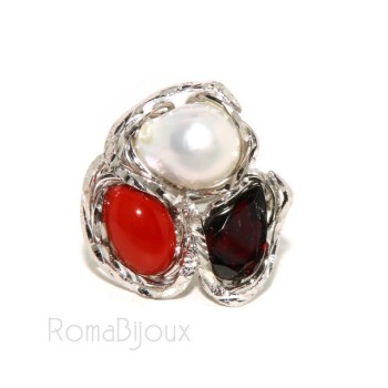 NonSoloArgenti|hand made sterling silver ring with red coral  garnet pearl