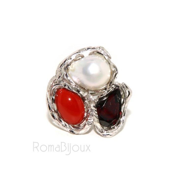 NonSoloArgenti| anello donna massiccio con corallo naturale rosso perla granato