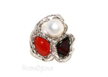 NonSoloArgenti| anello donna massiccio con corallo naturale rosso perla granato