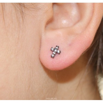 NSA|Earrings  in 925 silver with small black cubic zirconia stones cross man woman