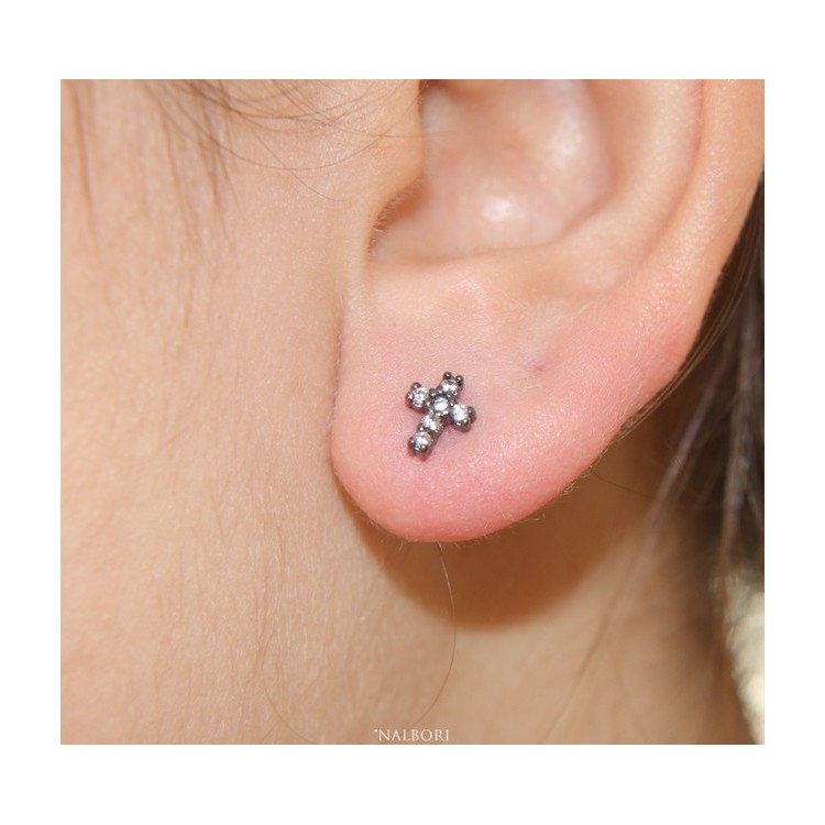 NSA|Earrings  in 925 silver with small black cubic zirconia stones cross man woman