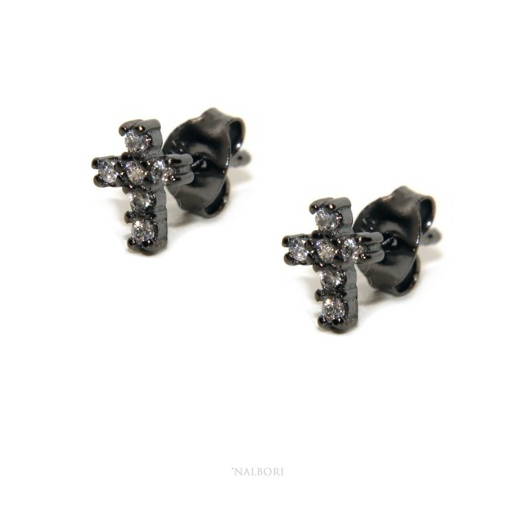 NSA|Orecchini per uomo o donna a forma di croce in argento 925 rutenio con pietre zirconia cubica colore bianco piccoli