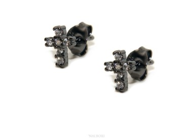 NSA|Orecchini per uomo o donna a forma di croce in argento 925 rutenio con pietre zirconia cubica colore bianco piccoli