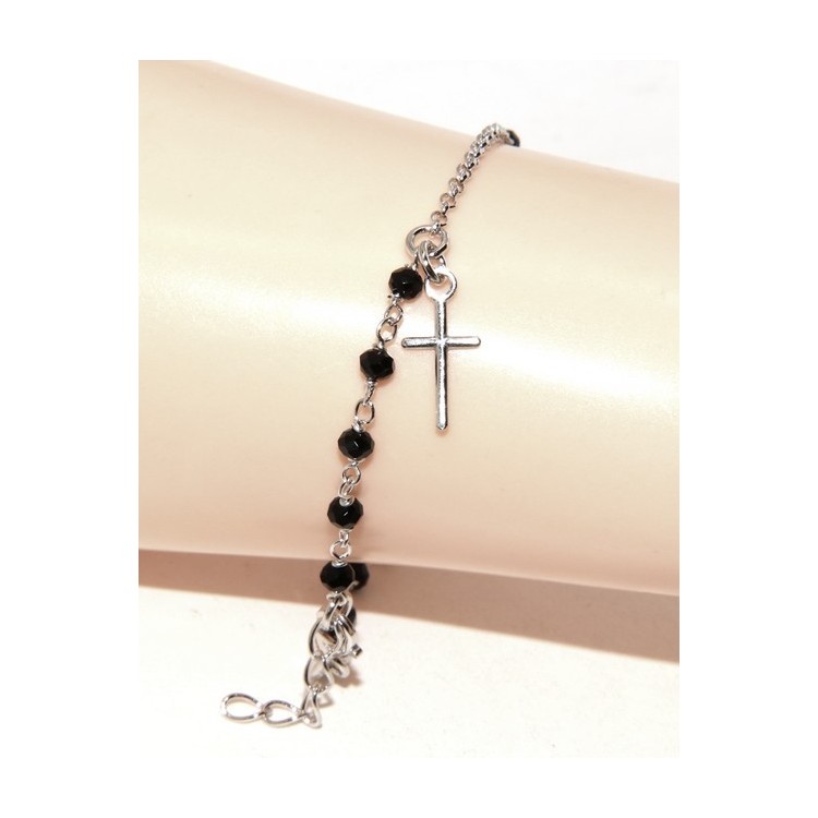 NSA|Bracciale lavorazione a rosario uomo donna in Argento 925 croce a ciondolo 15,5-18 cm