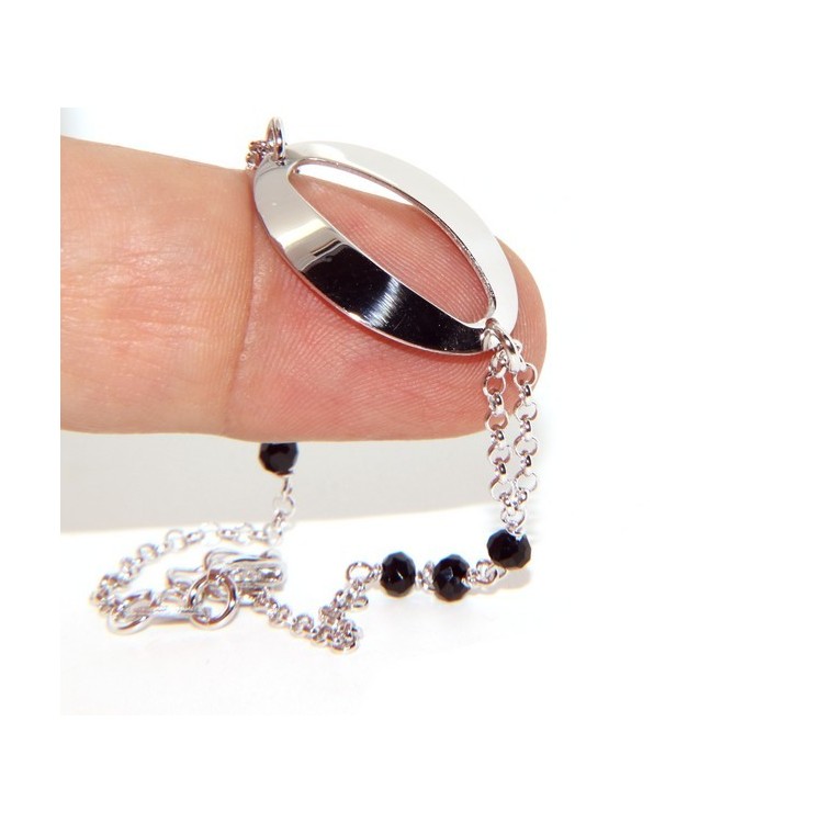 NSA|Bracciale donna ragazza Argento 925 lavorazione a rosario cristallo nero con ovale centrale 15,5 - 18 cm