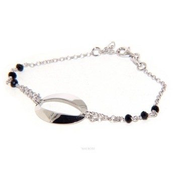 NSA|Bracelet woman girl Silver 925 rosary working black crystal with central oval 15.5 - 18 cm