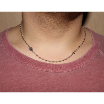 NSA|Man or Woman Rosary Necklace in 925 Sterling Silver Balls 3 mm Miraculous Madonna Cross