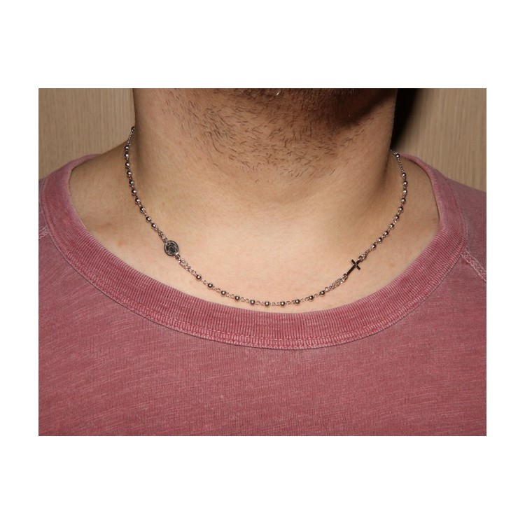 NSA|Collana rosario uomo o donna in Argento 925 palline 3 mm croce madonna miracolosa rodio