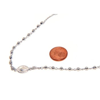 NSA|Collana rosario uomo o donna in Argento 925 palline 3 mm croce madonna miracolosa rodio