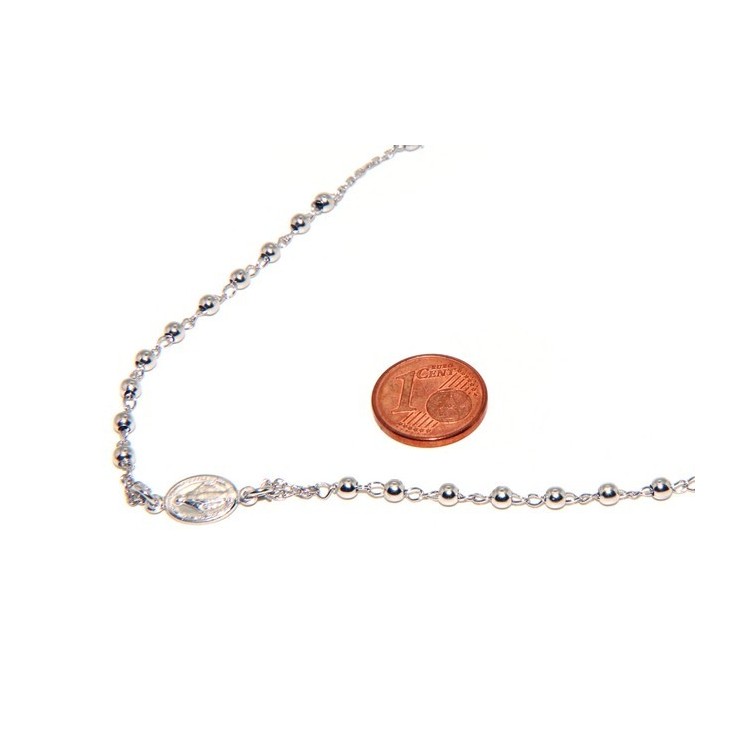 NSA|Collana rosario uomo o donna in Argento 925 palline 3 mm croce madonna miracolosa rodio