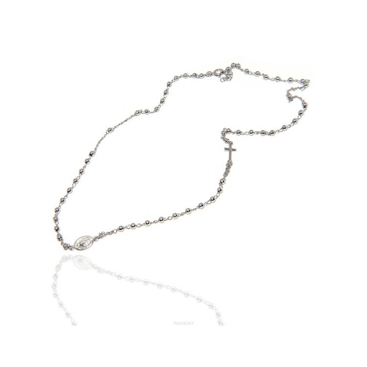 NSA|Collana rosario uomo o donna in Argento 925 palline 3 mm croce madonna miracolosa rodio