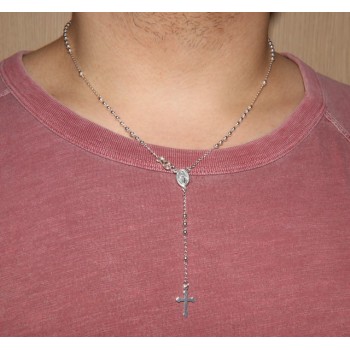 NSA|Rosary necklace man or woman in Sterling Silver 3mm balls miraculous madonna cross