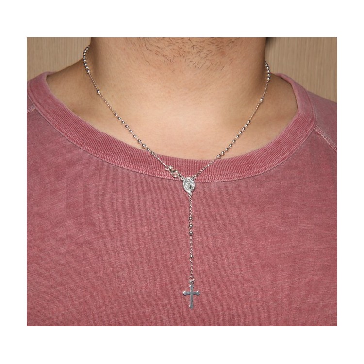 NSA|Rosary necklace man or woman in Sterling Silver 3mm balls miraculous madonna cross
