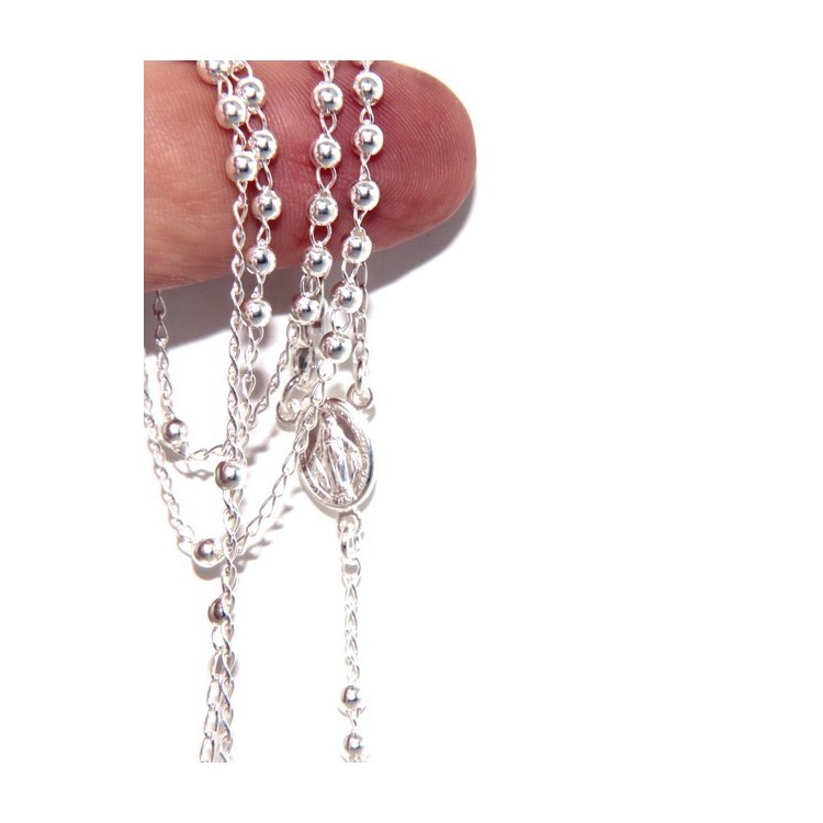 NSA|Rosary necklace man or woman in Sterling Silver 3mm balls miraculous madonna cross