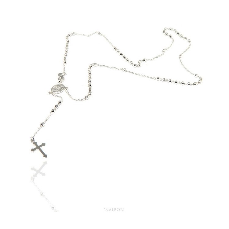 NSA|Rosary necklace man or woman in Sterling Silver 3mm balls miraculous madonna cross