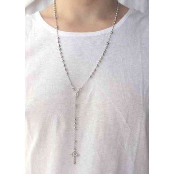 NSA|Collana rosario uomo o donna in Argento 925 croce lavorata palline 5 mm 67 cm silver light tone