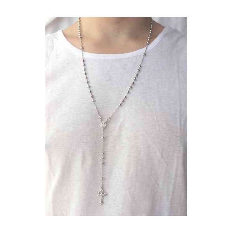 NSA|Collana rosario uomo o donna in Argento 925 croce lavorata palline 5 mm 67 cm silver light tone