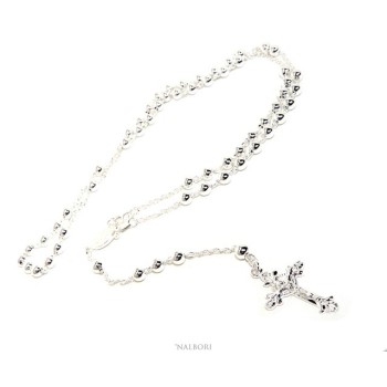 NSA|Rosary necklace man or woman in 925 silver cross worked balls 5 mm 67 cm silver light tone NALBORI