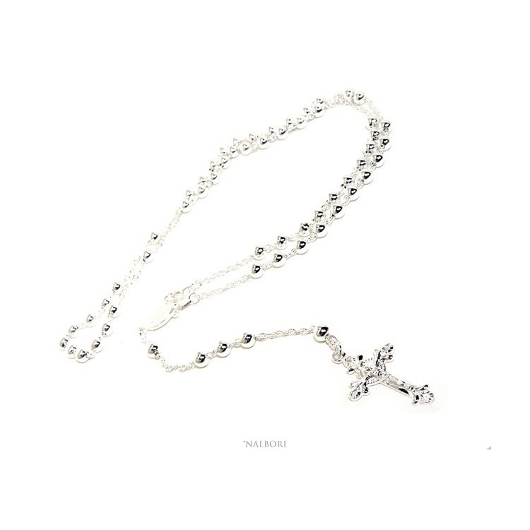 NSA|Collana rosario uomo o donna in Argento 925 croce lavorata palline 5 mm 67 cm silver light tone