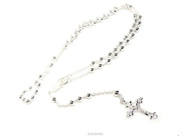 NSA|Collana rosario uomo o donna in Argento 925 croce lavorata palline 5 mm 67 cm silver light tone