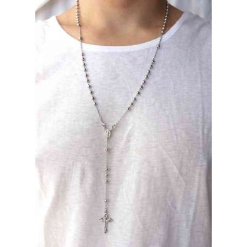 NSA|Rosary necklace for men or women in 925 sterling silver cross worked balls 5 mm 67 cm Rhodium