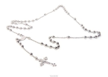 NSA|authentic NALBORI Rosary necklace for men or women in 925 sterling silver cross worked balls 5 mm 67 cm Rhodium