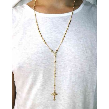 NSA|Collana rosario uomo o donna in Argento 925 croce lavorata palline 5 mm 67 cm Bagno oro Giallo